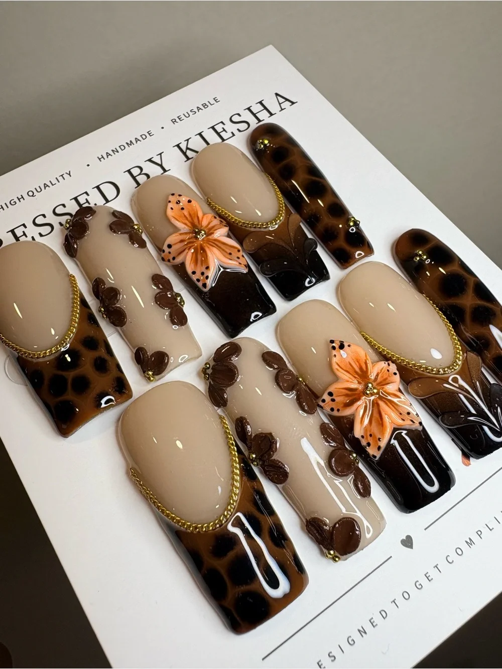 Beige & Brown Floral Press-On Nail Set
